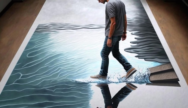 超現実的な反射で水の上を歩く男の超現実的な絵画