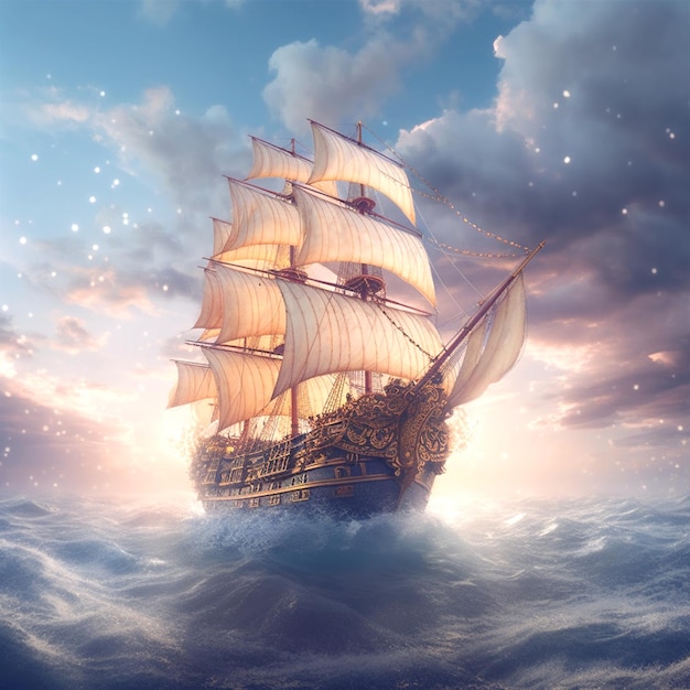 Hyperrealistic painting of a royal ship sailing in evening rough sea