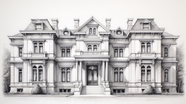 Hyperrealistic Pencil Sketch Of Restored Victorian Luxury Villa Facade