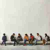 Photo hyperrealistic people with laptops sitting in a lineup on a white wall