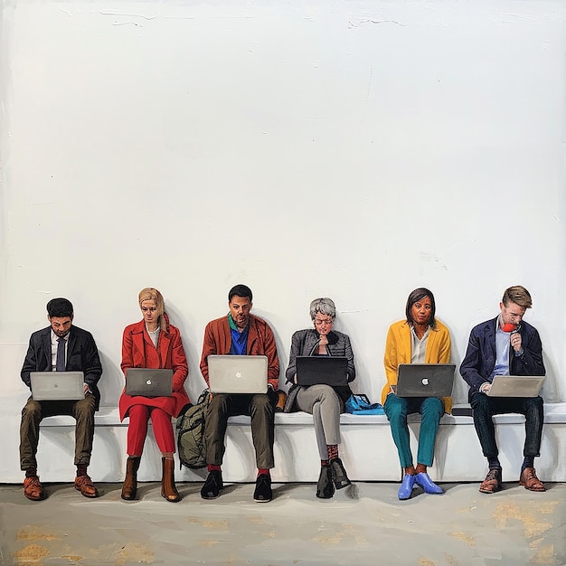 hyperrealistic people with laptops sitting in a lineup on a white wall