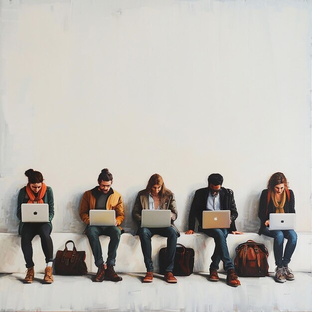 Photo hyperrealistic people with laptops sitting in a lineup on a white wall