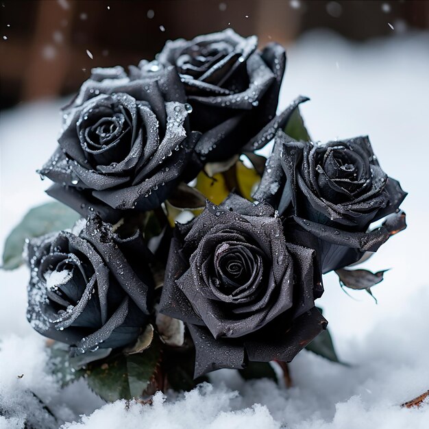 hyperrealistic photo bouquet of black roses in the snow