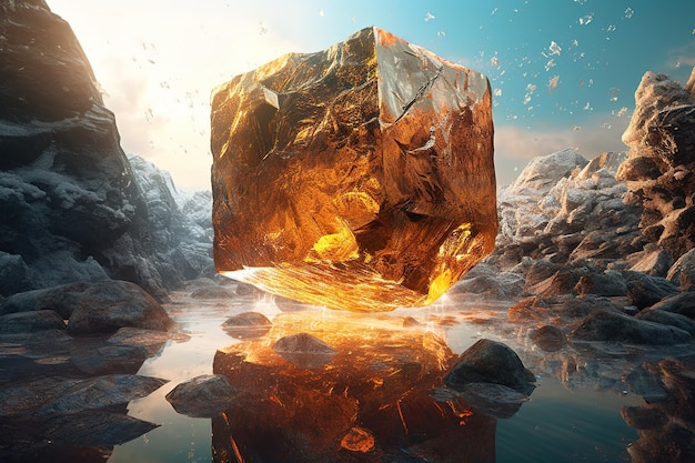 hyperrealistic photo of a cube that looks like a rock and is a piece of ice and rocks Generative AI