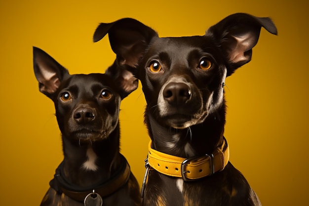 Hyperrealistic photo of two mutt dogs wearing collar and tag