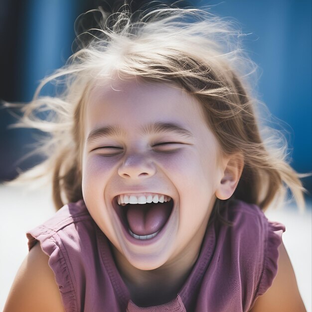 hyperrealistic portrait of a laughing little girl youth and happiness