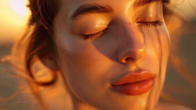黄金 の 太陽 の 光 に 照らさ れ て いる 若い 女 の 超 現実 的 な 肖像