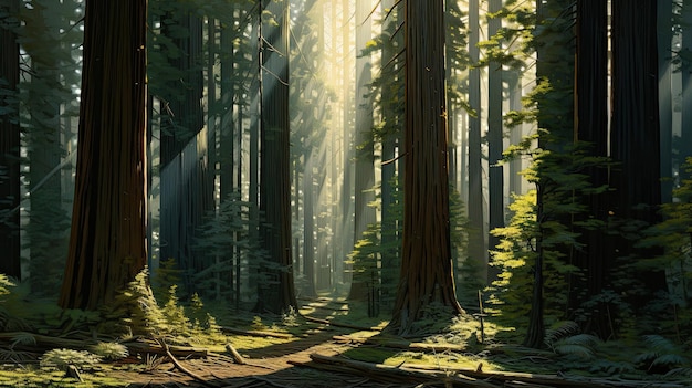 Hyperrealistic portrayal of a sunlit redwood grove