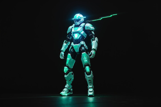 hyperrealistic powerful white and green armored skull her cybernetic helmet glowing in the darkness of space legs are muscular feet are claws ready to take on any challenge AI generated