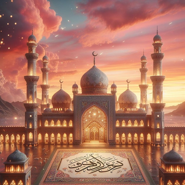 ハイパーリアルなラマダン・カリーム 装飾されたモスク 複雑な詳細 活気のある夕暮れとエレガントなアラビア語