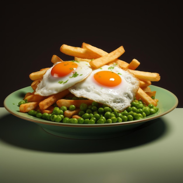 Photo hyperrealistic rendering of fried eggs and chips with mushy peas