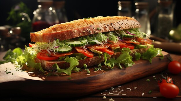 Фото Гиперреалистичный сэндвич на деревянной доске для демонстрации продукта