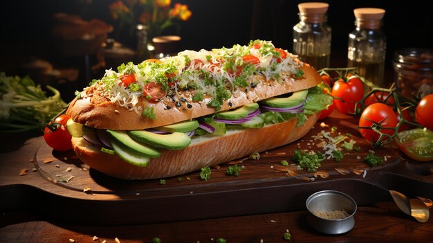 HyperRealistic Sandwich on a Wooden Board