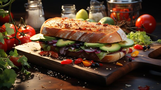 HyperRealistic Sandwich on a Wooden Board