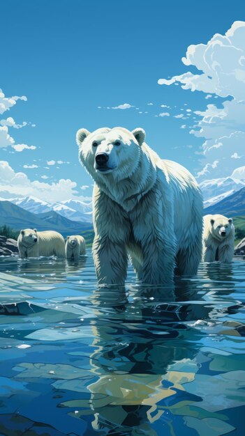 Photo hyperrealistic science fiction illustrations of polar bears in water
