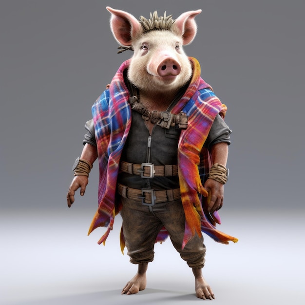 Photo hyperrealistic scifi pig with plaid scarf uhd image