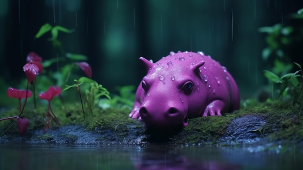 Foto scultura iperrealista di ippopotamo rosa in pioggia
