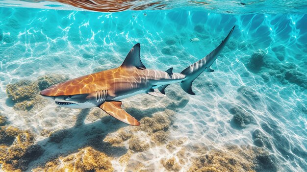 Hyperrealistic shark swimming near the beach