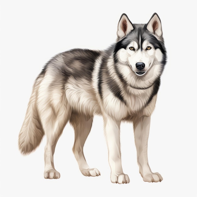 Hyperrealistic Siberian Husky Standing Illustration On White Background