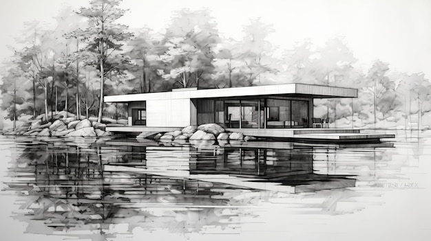 Photo hyperrealistic sketch of modern house by the water