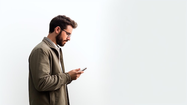 Photo hyperrealistic standing man with his smartphone