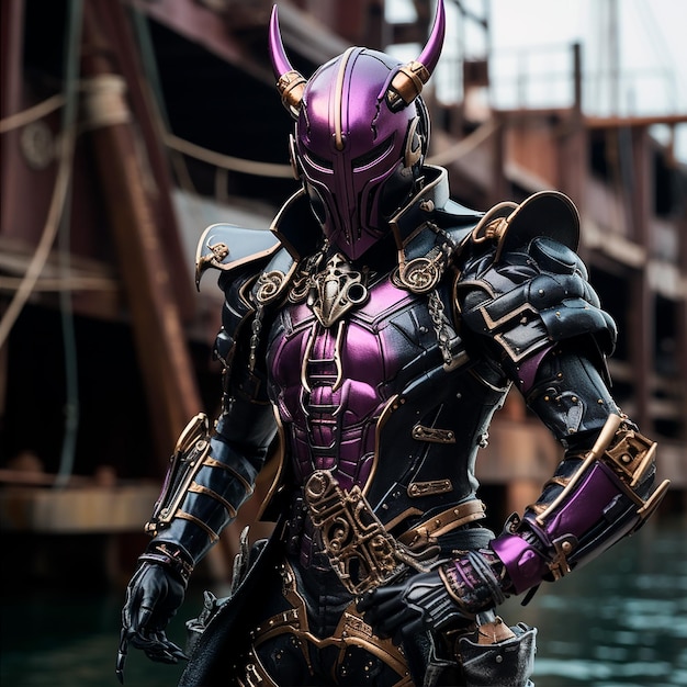 hyperrealistic superhero with purple armor HD