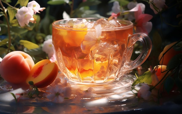 Photo hyperrealistic transparent cup of peach tea generative ai