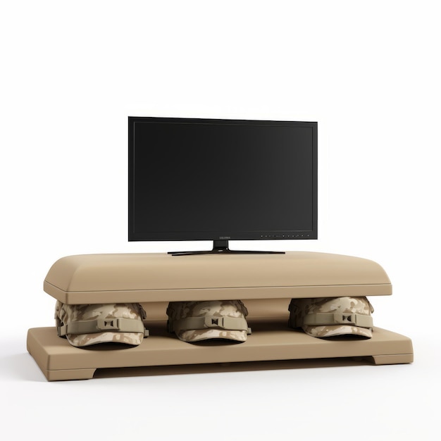 Hyperrealistic Tv Stand With Army Boots On Beige Ottoman