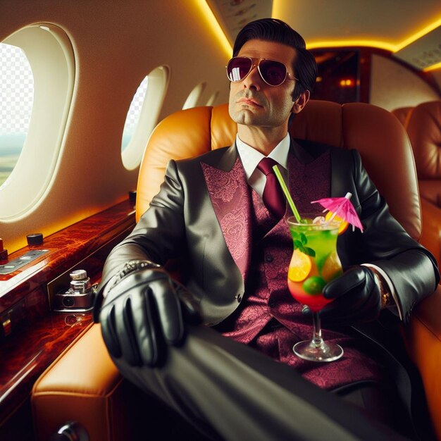 Photo hyperrealistic vector illustration of mafiosi sits in a private jet in a business suit cocktail