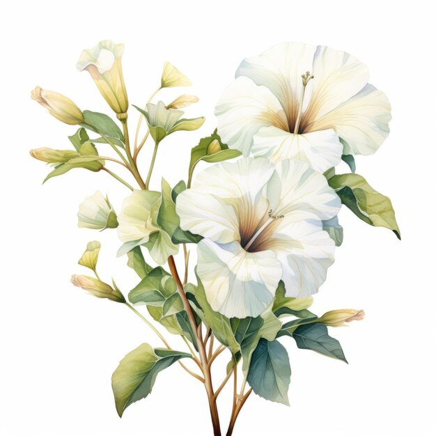 Photo hyperrealistic watercolor flower illustration white hibiscus with detailed foliage