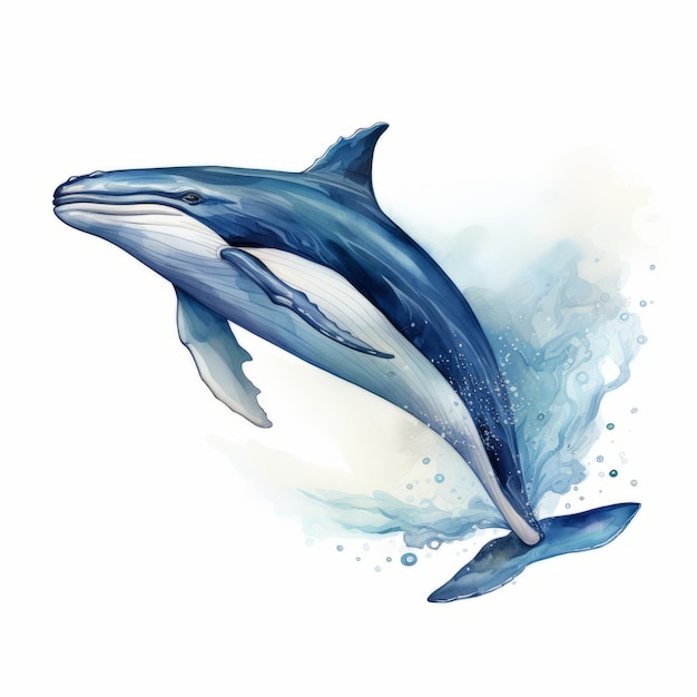 Hyperrealistic Watercolor Illustration Of A Blue Dolphin Jumping Over Waves