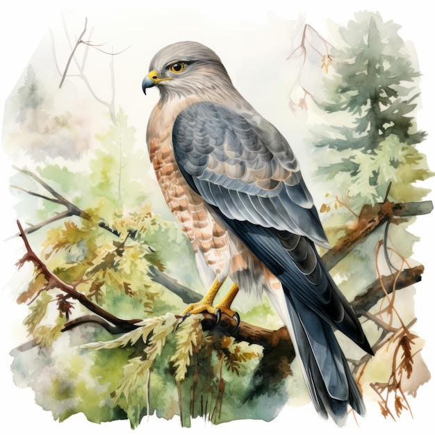Hyperrealistic Watercolor Illustration Of A Gray Spotted Hawk In A Tree