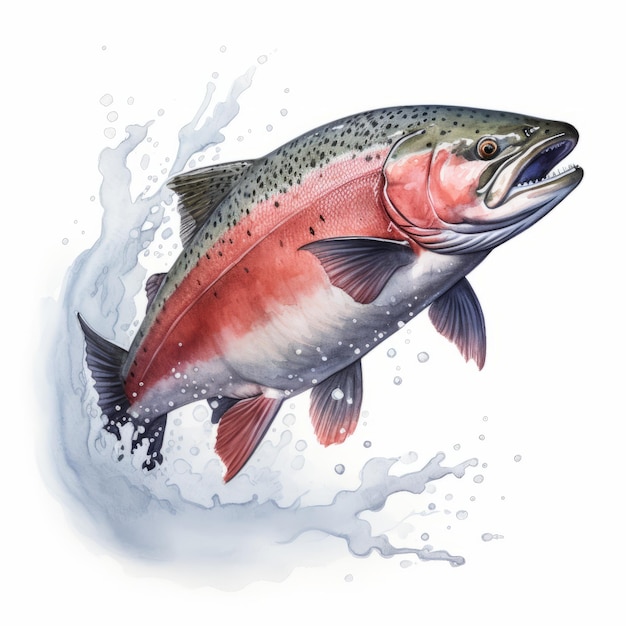 Hyperrealistic Watercolor Illustration Of A Jumping Red River Rainbow Trout