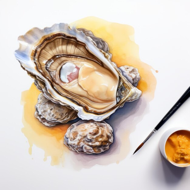 Hyperrealistic Watercolor Oyster Illustration With Exquisite Brushwork