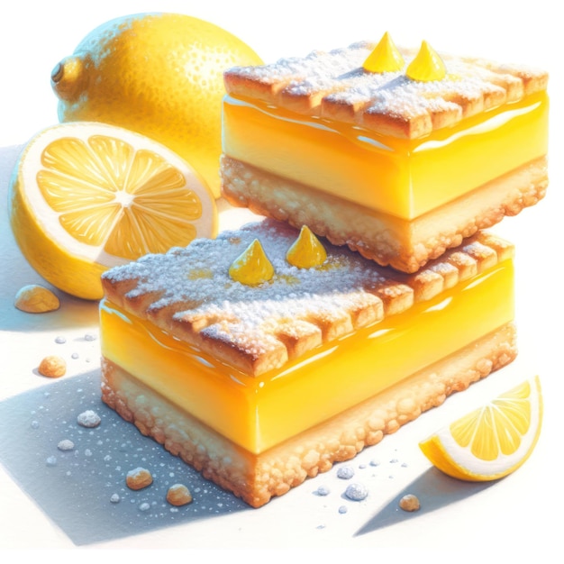 A hyperrealistic watercolor painting of lemon bars