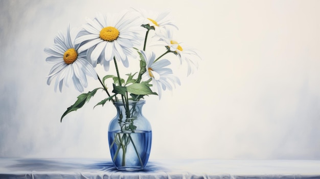 Hyperrealistic Watercolor Painting Of White Daisies In A Blue Vase