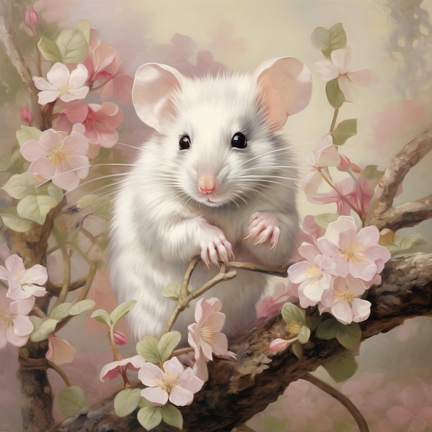 Hyperrealistic White Mouse In Pink Blossom Tree Illustration