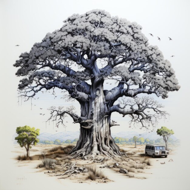 Hyperrealistic Wildlife Portrait Modern Baobab Tree Drawing