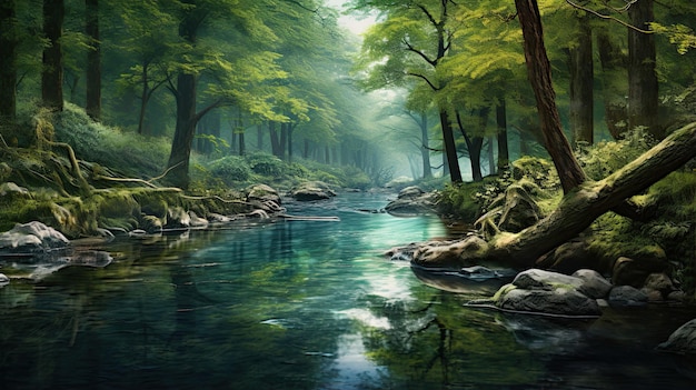 Hyperrealistisch beeld van een rustige rivier die door een bos slingert