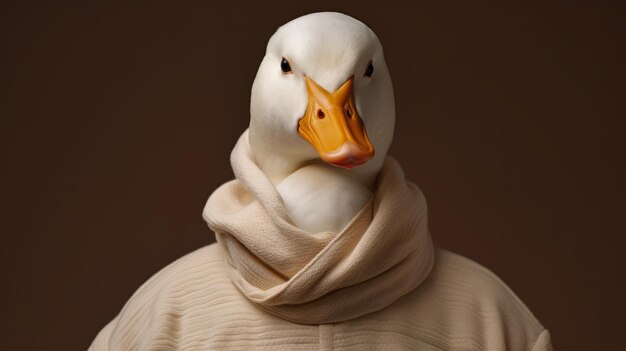 Foto hyperrealistisch eendportret in bruine trui met sjaal