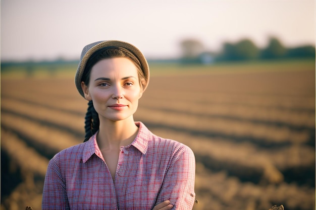 hyperrealistisch fotografieportret van een vrouw in het veld. boerderij, oogst. generatieve AI