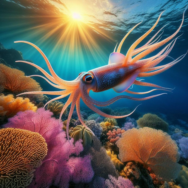 Hyperrealistisch majestueus groot wild dier inktvis koraalrif zwemmen blauwe zee