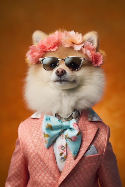 Hyperrealistisch portret van een funky of antropomorfe stijlvolle Pomeranio die haute couture draagt