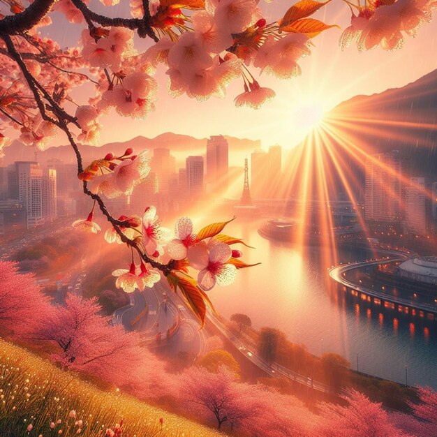 Hyperrealistisch Sakura Cherry Blossom Tree Leaves Japans Festival Morning Dew Osaka Tokio roze
