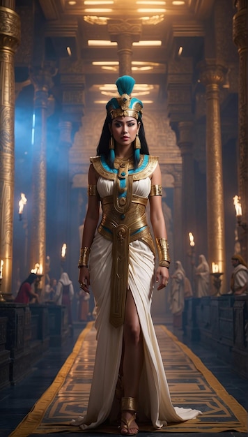 Hyperrealistische afbeelding van de Egyptische farao Cleopatra met een hitech sfeer