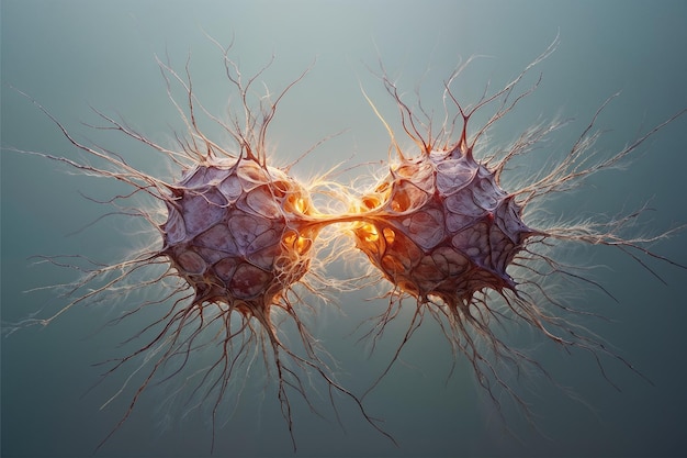 Hyperrealistische afbeelding van twee niet-kontakte platte fibroblasten die met elkaar verbonden zijn door een enkele membraanvormige uitsteeksel