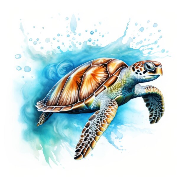 Hyperrealistische aquarel schilderij van een zeeschildpad met een hoog contrast