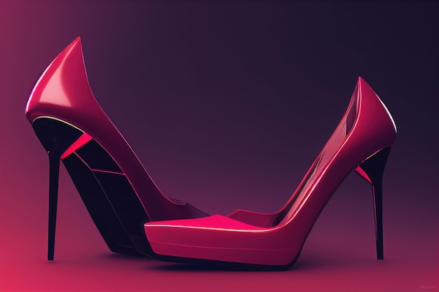 Hyperrealistische illustratie van een paar futuristische rode schoenen met hoge hakken op een roodviolette achtergrond