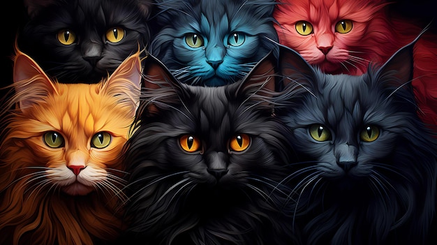 Foto hyperrealistische kattenfotografie abstracte hypnotiserende illusie van katten in veelkleurig