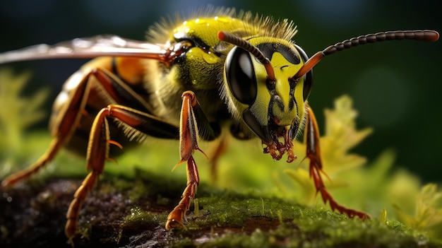 Hyperrealistische Scifi Wasp op een met mos bedekte tak